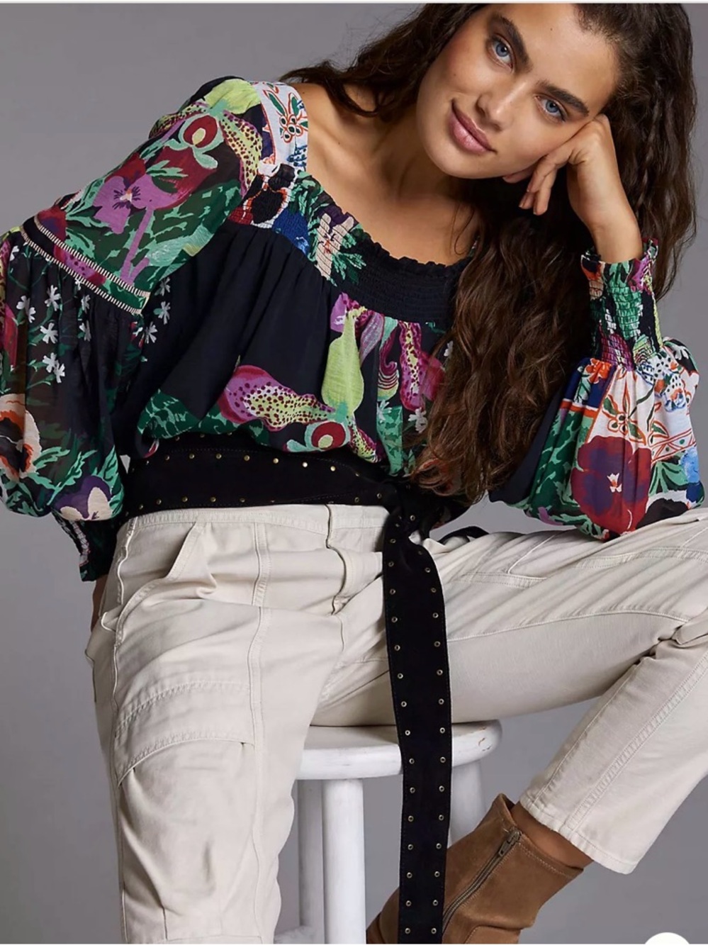 Anthropologie Lil Sire Puff-Sleeved Blouse top black floral boho peasant sz M